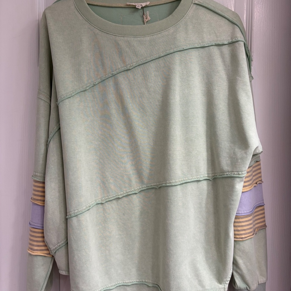 New Easel Terry Knit Color Block Sweatshirt Pullover Oversized Cotton Sage Small - Picture 2 of 6